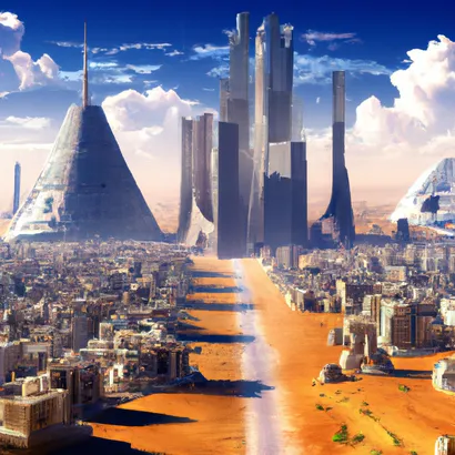 Futuristic Middle East city skyline rising from the desert